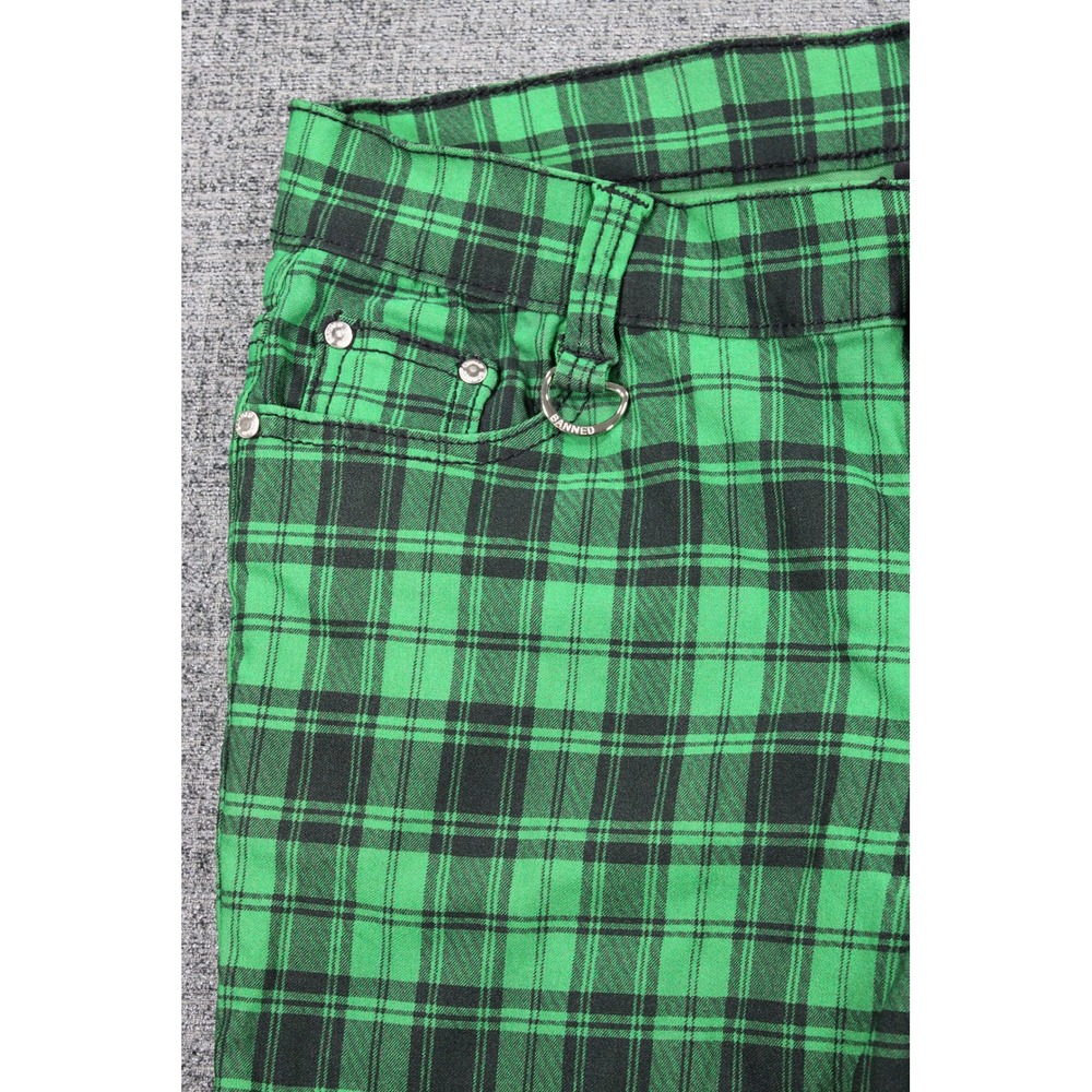 Banned Apparel Green Black Plaid Skinny Pants Punk Goth D-Ring Zipper Detail